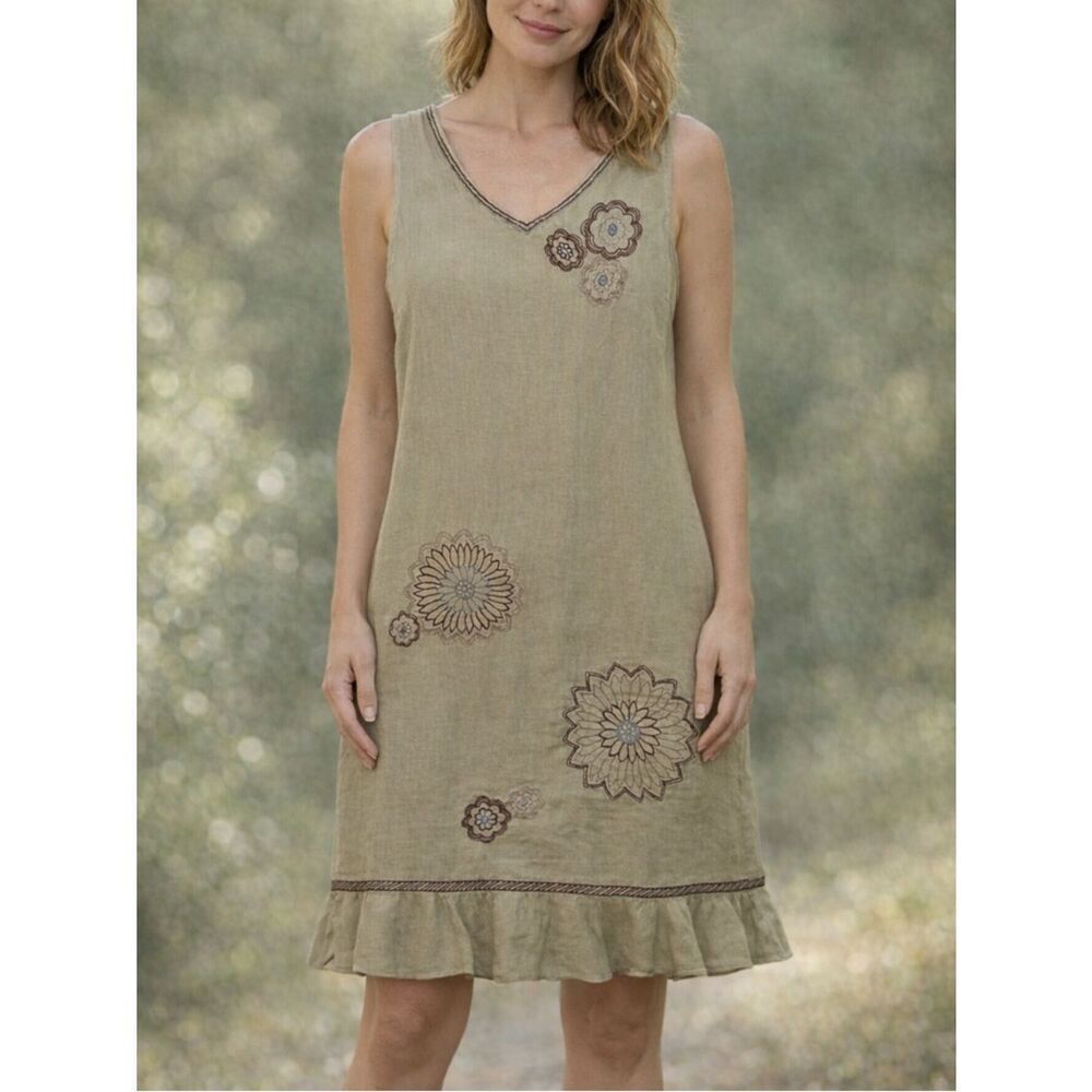 Russ Berens Floral Embroidery Sleeveless V-neck Linen Dress Size L